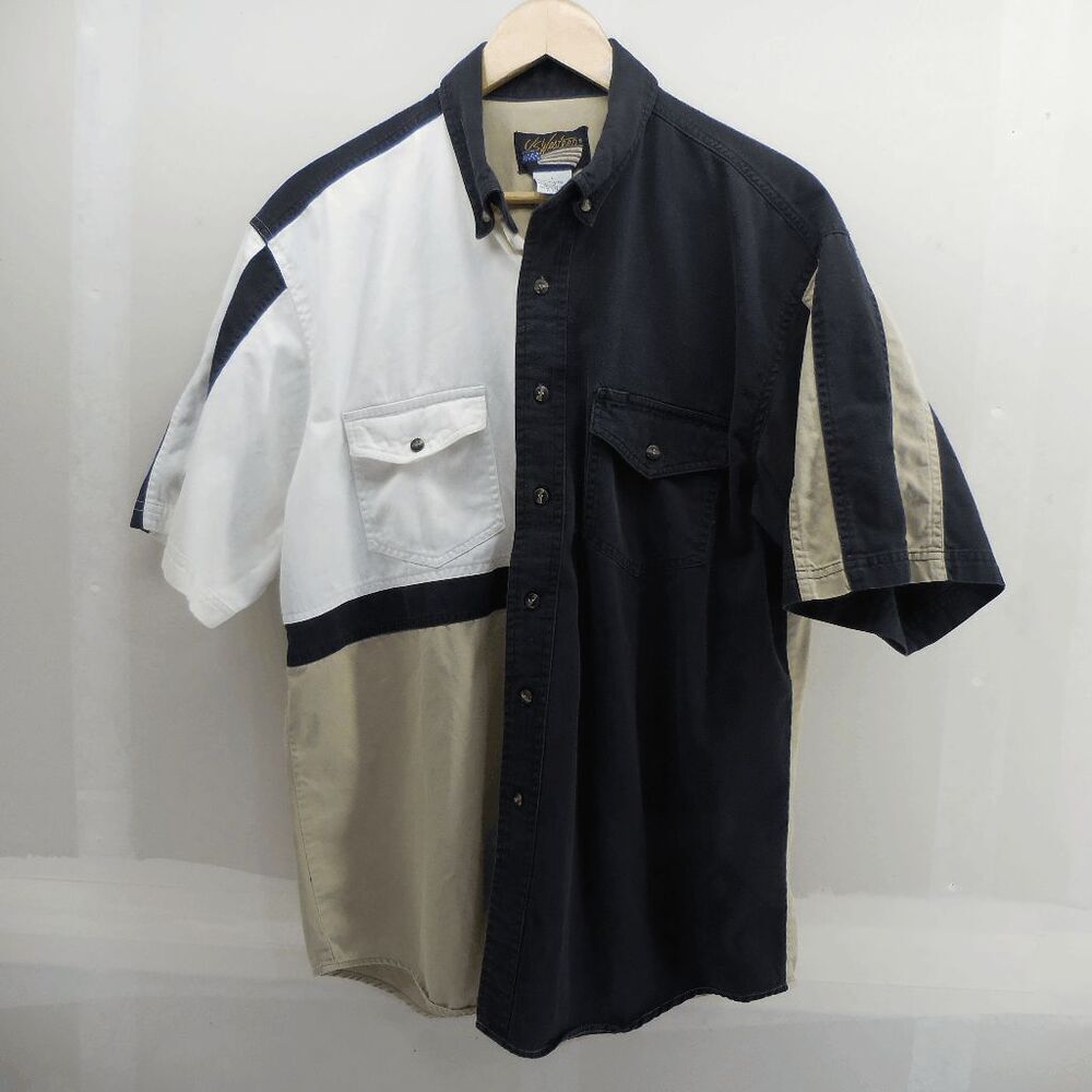 VTG‎ US Western Color Black Western Denim Shirt Black White Tan Button up Polo L